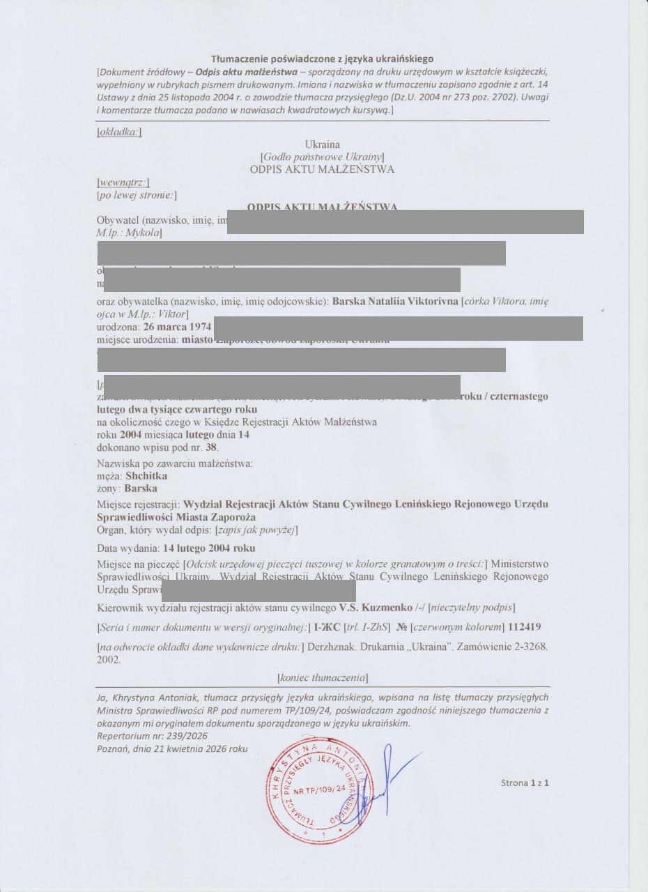 Polskie tłumaczenie wpisu aktu małżeństwa